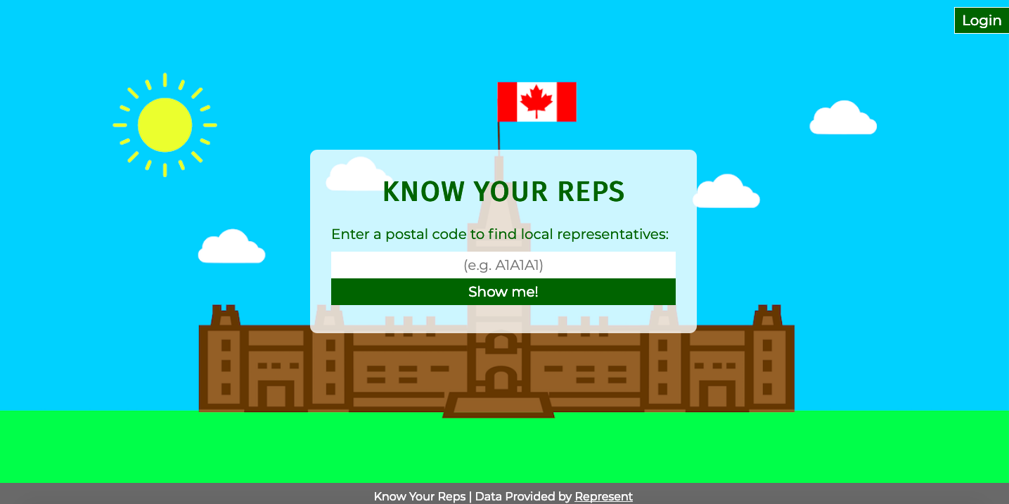 Homepage of Know Your Reps web application, featuring a visual design of Parliament Hill in Ottawa, Ontario.