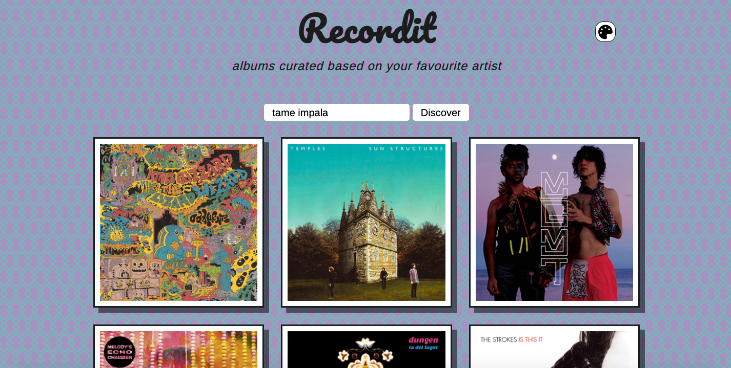 Homepage of RecordIt web application, featuring an 80's inspired blue and yellow printed wallpaper.